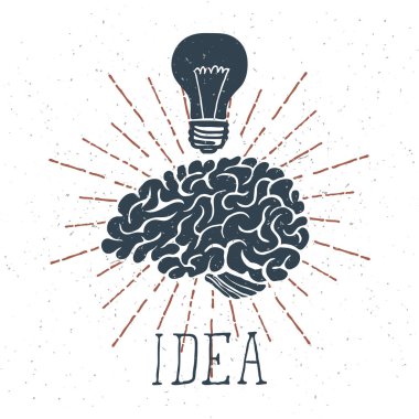 Fikir yazı ve ampul ile elle çizilmiş beyin. Vektör