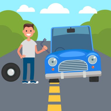 Düz tasarım araba sürüş karakter. Araba paylaşımı. düz lastik değiştir. Vektör