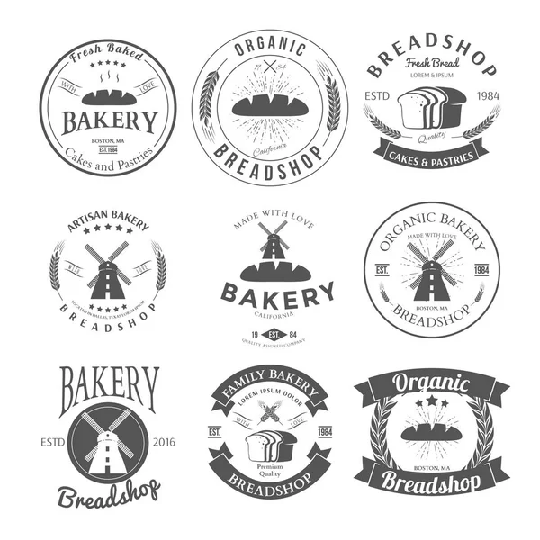 Conjunto de Nove Modelos de Design de Etiquetas e Emblemas de Padaria. Vetor — Vetor de Stock