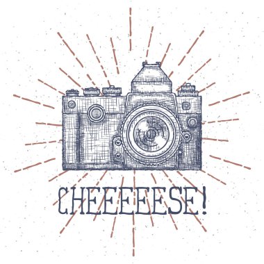 Vintage eski fotoğraf makinesi vektör logo el çekilmiş tasarım şablonu. Vektör
