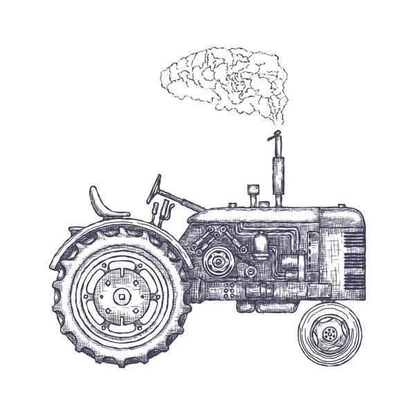 Vintage tarım traktör, kroki. Vektör el çekilmiş — Stok Vektör