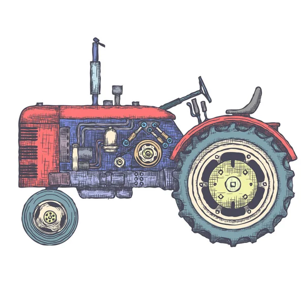 Trator agrícola vintage, esboço. Vetor desenhado à mão — Vetor de Stock