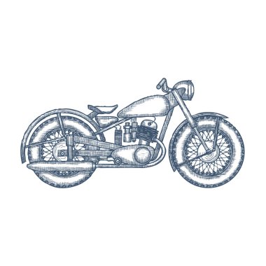 El Vintage motosiklet çizilmiş vektör logo tasarım şablonu. bikeshop veya motosiklet Servisi simgesini. Vektör