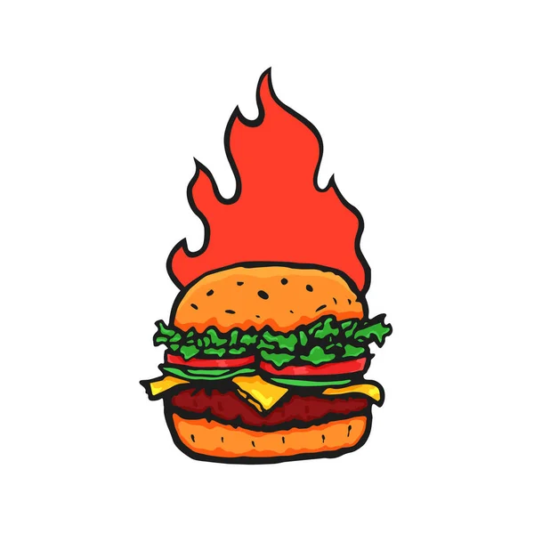 Burger main dessinée avec la flamme du feu. Vecteur — Image vectorielle