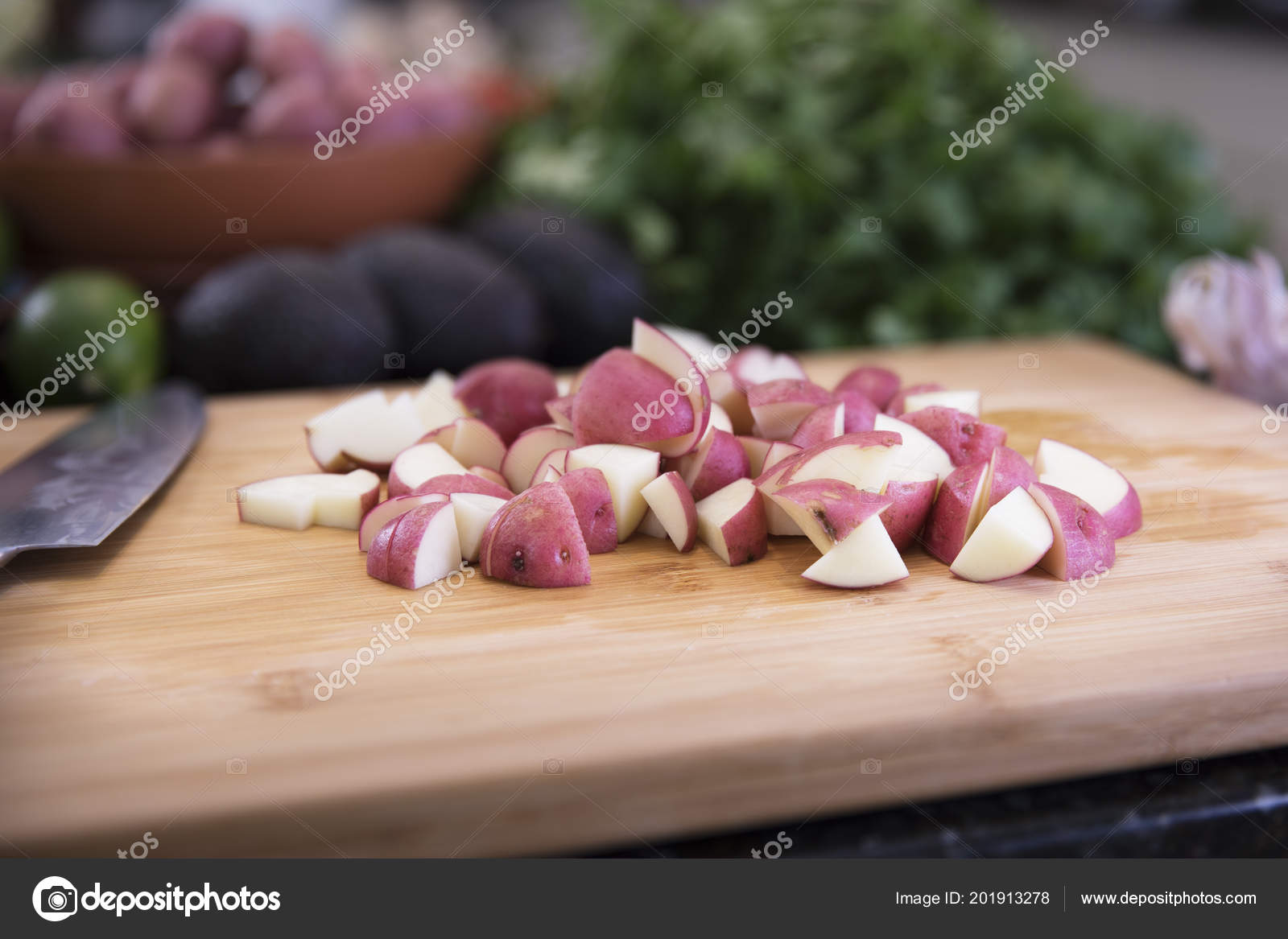 Red Potatoes Cut Halves Quarters Cutting Board Kitchen Stock Photo by