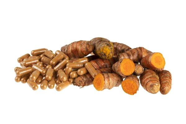 Turmeric Root Capsules Isolated White Background — Stock Photo, Image