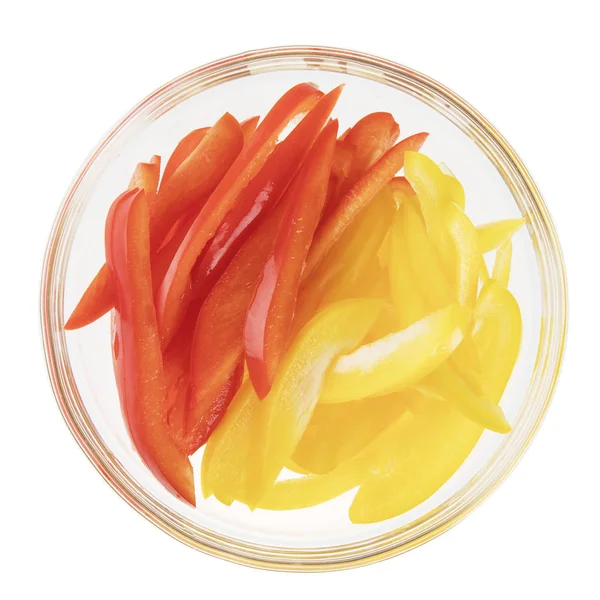 Sliced Red Yellow Peppers Glass Bowl Isolated White Viewed — Stock Photo, Image