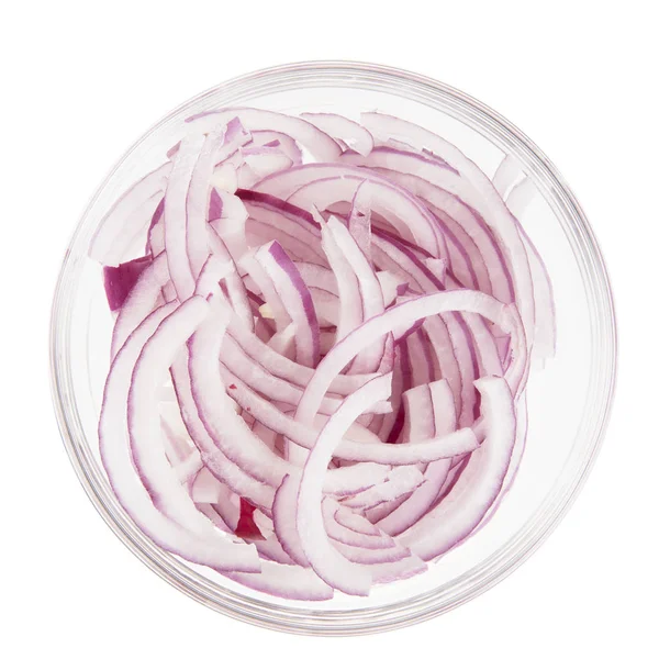 Sliced Red Onions Glass Bowl Isolated White Viewed — Stock Photo, Image