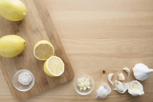 Cooking Lemon Garlic Flat Lay Copy Space — Stock Photo, Image