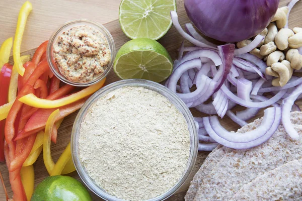 Nutritional Yeast Surrounded Other Fresh Ingredients Creamy Vegan Peppers Onions — Stock Photo, Image