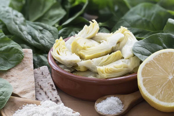 Corações Alcachofra Espinafre Limão Outros Ingredientes Para Mergulho Vegan — Fotografia de Stock