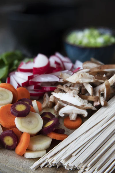 Carrots Shiitakes Radishes Udon Noodles Ready Making Soup — Stock Photo, Image