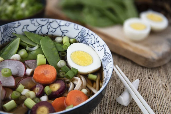 Colorful Fresh Bowl Udon Noodle Vegetable Soup Chopsticks — Stock Photo, Image