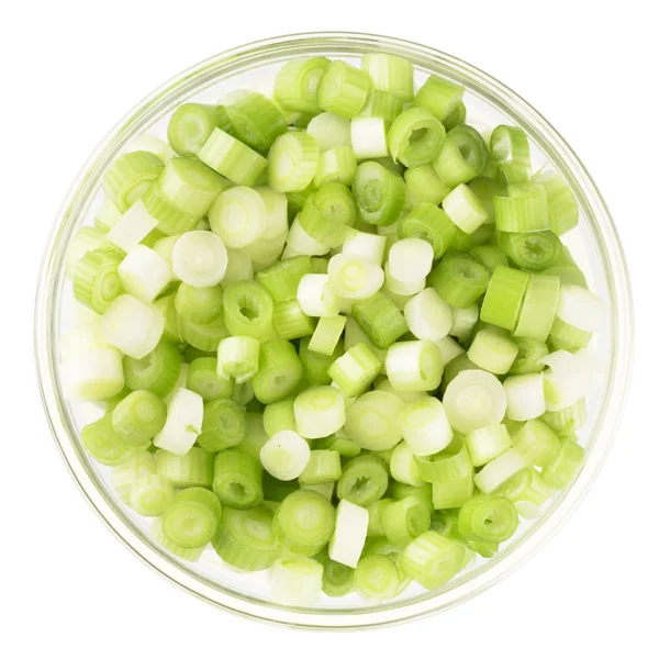 Chopped Spring Onions Glass Bowl Isolated White Background — Stock Photo, Image