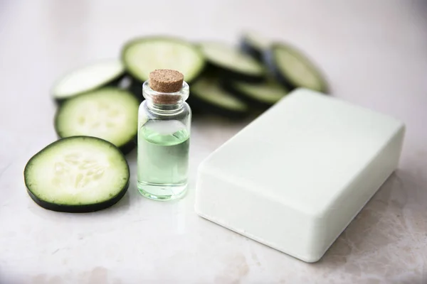Cucumber Extract in Bottle with Soap — Stock Photo, Image