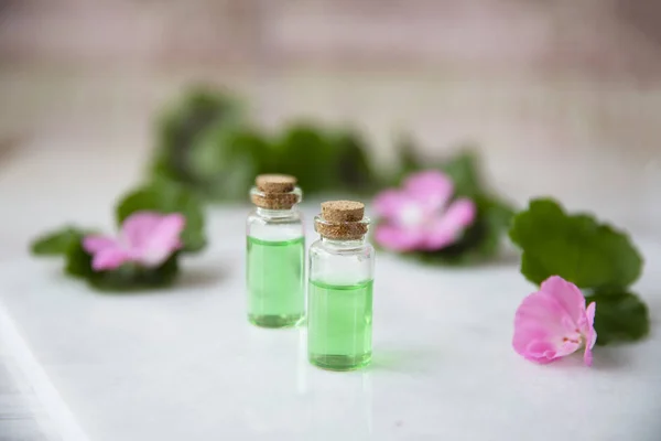 Małe butelki z ekstraktem roślinny — Zdjęcie stockowe