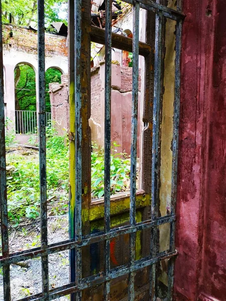 ruined abandoned house in the woods with metal bars