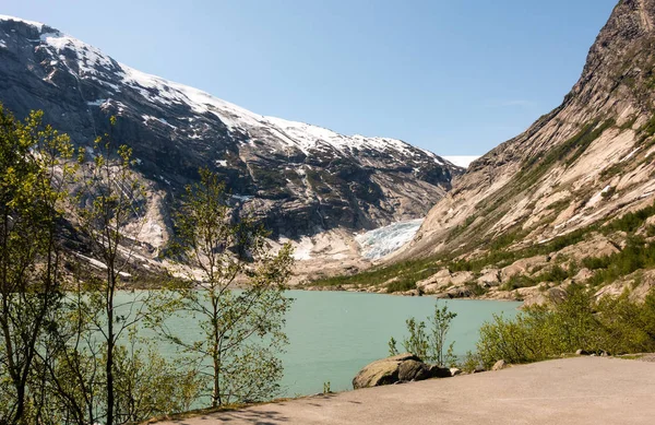 Nigardsbreen buzul Nigardsvatnet Jostedalsbreen Ulusal parkında güneşli bir Norveç'te hava drone — Stok fotoğraf