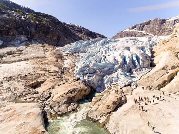 Aerial drone of Nigardsbreen glacier in Nigardsvatnet Jostedalsbreen national park in Norway in a sunny day