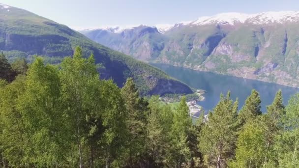 Stegastein Lookout Beautiful Nature Norway aerial view. Sognefjord or Sognefjorden — Stock Video