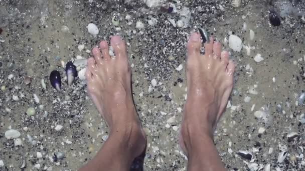 Чоловічі ноги на пляжі на березі моря, вид зверху. Чоловік стоїть на березі моря з водою, що покриває ноги. Літо і розслабтеся концепції. Повільний рух — стокове відео