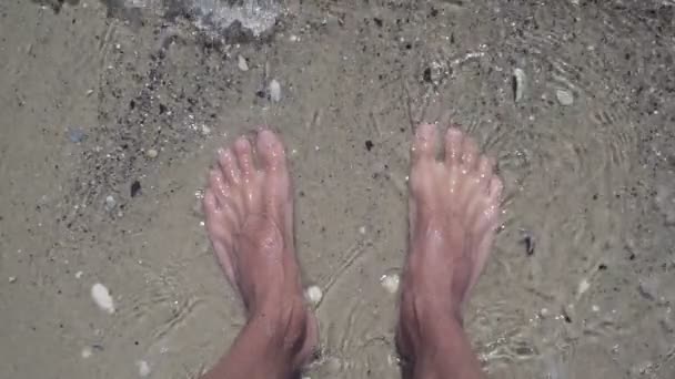 Primo piano di piedi maschili in acqua di mare limpida sulla spiaggia . — Video Stock