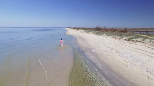 Flygfoto över vacker kvinna ensam i en fantastisk och orörd strand i havet kusten — Stockvideo