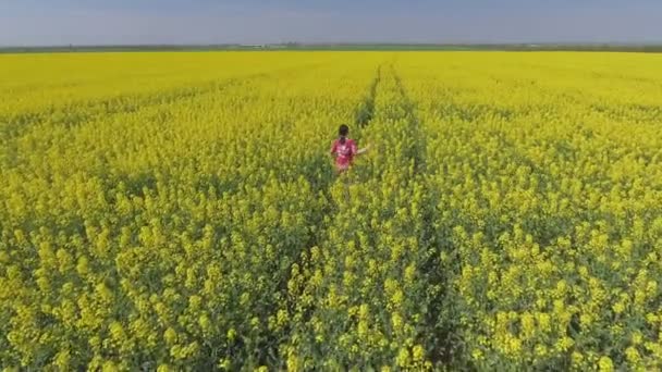 Dość młoda dziewczyna idzie i odwraca w polu rzepaku — Wideo stockowe