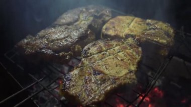 Yangın Barbekü ızgara üzerinde et kavrulmuş. Sokak gıda, yakın.