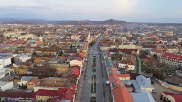 Luchtfoto van Tours dom Mukacheve. Mukacheve kathedraal is religieuze gebouw van katholieke kerk gelegen in de stad van Mukacheve. Oekraïne. Oost-Europa — Stockvideo