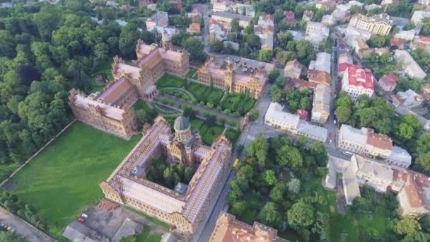 The Residency of the Chernivtsi National University. Seminary Church of the Three Saints. Seminar building. Aerial — Stock Video