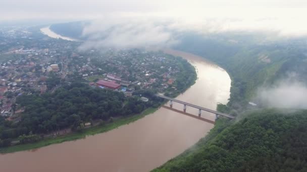 Aerial Film Video Zaleschiki Ternopil Region Ukraina Panoramavy Dimmig Morgon — Stockvideo