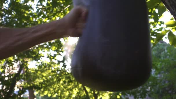 Boxer Punching Bag Outdoor Slow Motion Sequence — Stock Video