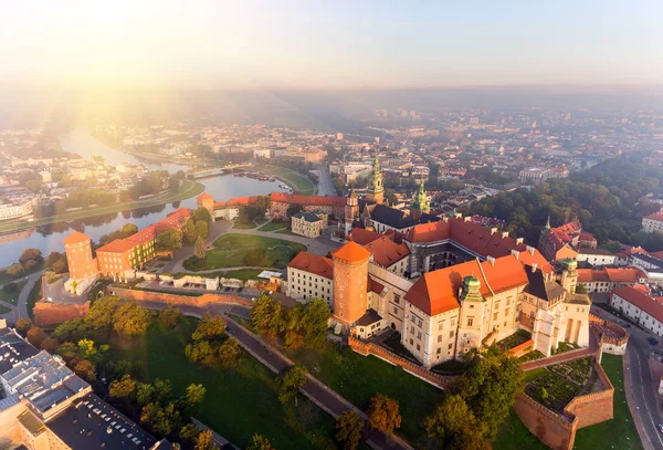 鸟瞰皇家瓦维尔城堡和哥特式大教堂在克拉科夫, 波兰与新生西吉斯蒙德教堂与金黄圆顶, 设防的墙壁、围场、公园和游人. 免版税图库照片