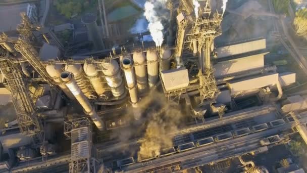 Aerial view over industrialized city. pollution from metallurgical plant. — Stock Video