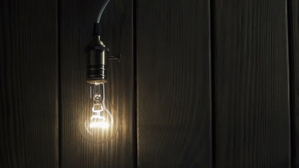 The light bulb slowly lights up, quickly flickers on a background from a wood — Stock Video