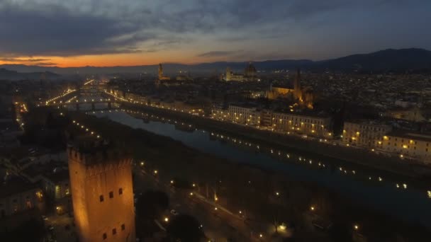 Vista Aérea Florencia Iluminada Italia Atardecer Todos Los Principales Lugares — Vídeo de stock