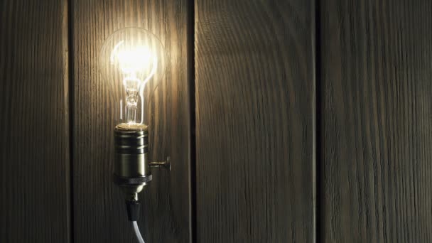 Lampadina si illumina su sfondo di legno — Video Stock