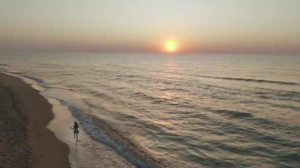 Ince sportif kadın deniz kıyısında sabahın erken saatlerinde tek başına çalışıyor. Sunrise — Stok video