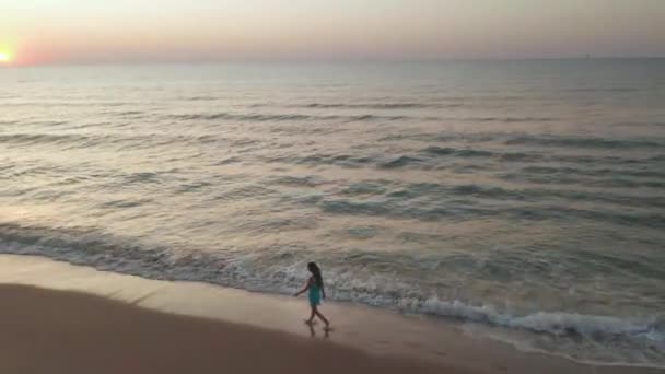 Стройная спортивная женщина гуляет одна рано утром на берегу моря — стоковое видео