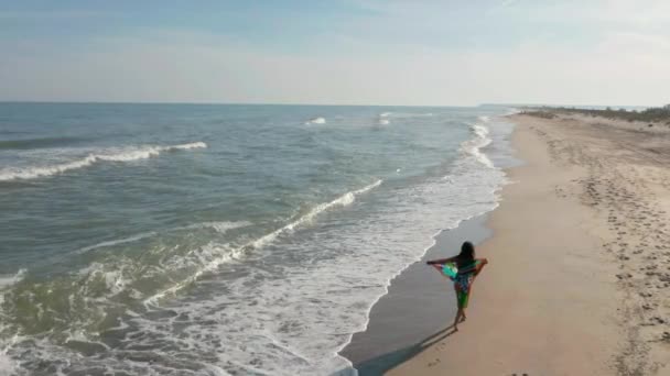 Femme mince sportive est marcher seul tôt le matin sur le littoral. au ralenti — Video