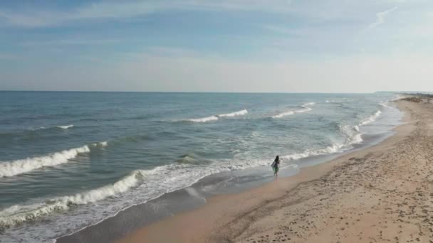 Hermosa escena de una mujer caminando en la playa del océano al atardecer — Vídeos de Stock