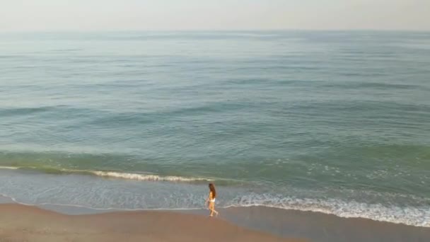 해 가질 때 바다 해변을 거닐고 있는 한 여자의 아름다운 장면 — 비디오