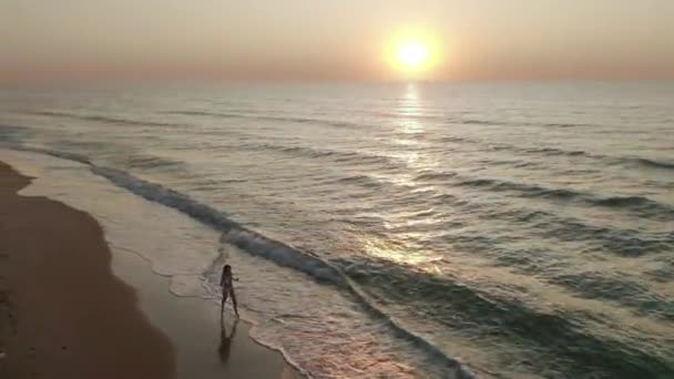 Hermosa escena de una mujer caminando en la playa del océano al atardecer — Vídeos de Stock