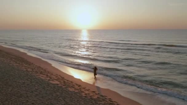 Струнка спортивна жінка йде сама рано вранці на березі моря — стокове відео