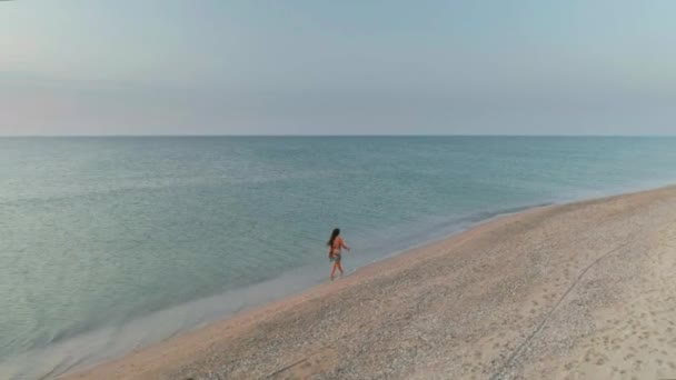 Стройная спортивная женщина гуляет одна рано утром на берегу моря — стоковое видео