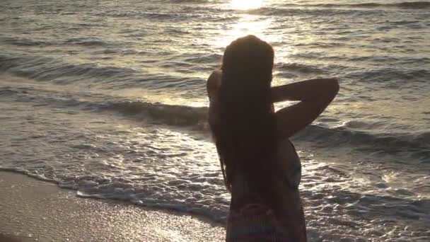 Egy nő alakul haj a szél ellen, a háttérben a tenger. — Stock videók