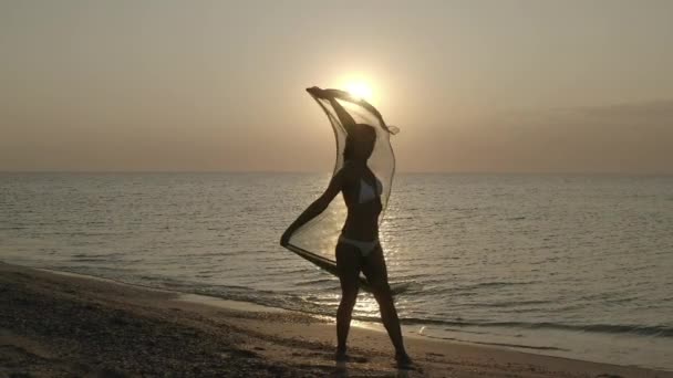 Силует молодої жінки з довгим волоссям танцює на набережній над океаном або морем на сході або заході сонця. . — стокове відео