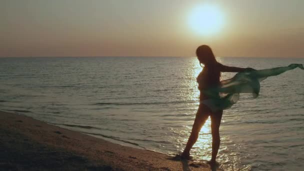 Silhouet van jonge vrouw met lang haar is dansen op de dijk boven de oceaan of de zee bij zonsopgang of zonsondergang.. Slow Motion. — Stockvideo