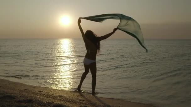 Силуэт молодой женщины с длинными волосами танцует на набережной над океаном или морем на восходе или закате. . — стоковое видео